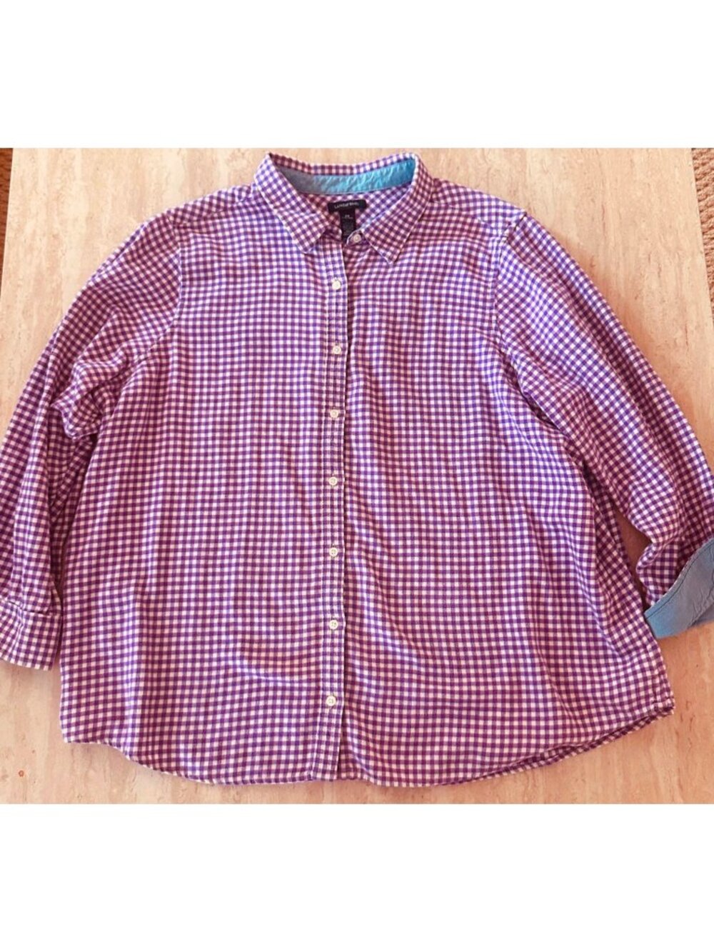 Lands End Womens Purple Gingham Button-Down Shirt 3X 3/4 Sleeve Western Grandma